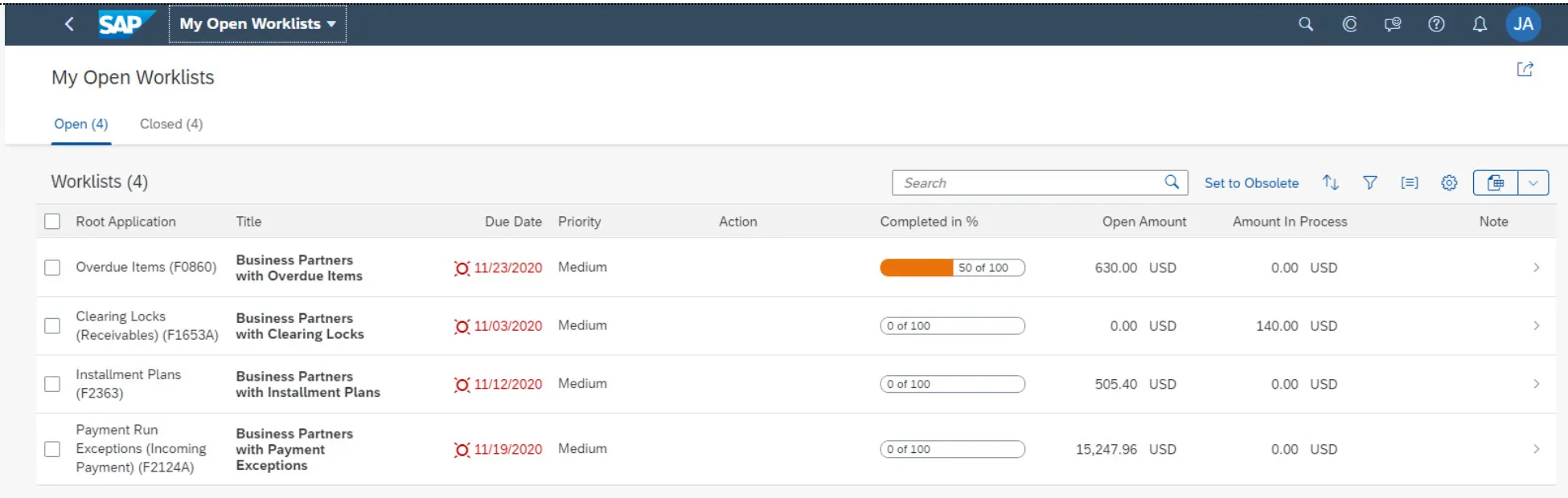 My Open Worklists F1611A overview screen