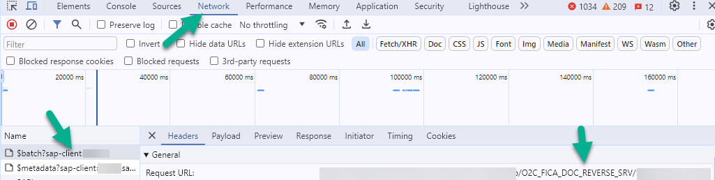 Browser Network tab showing the O2C_FICA_DOC_REVERSE_SERV request