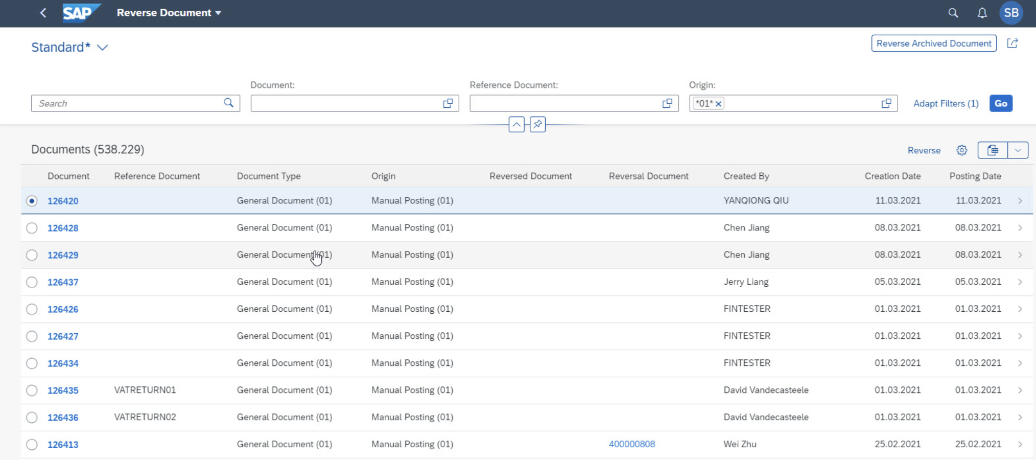 Fiori app F4494 Reverse Document with a document selected
