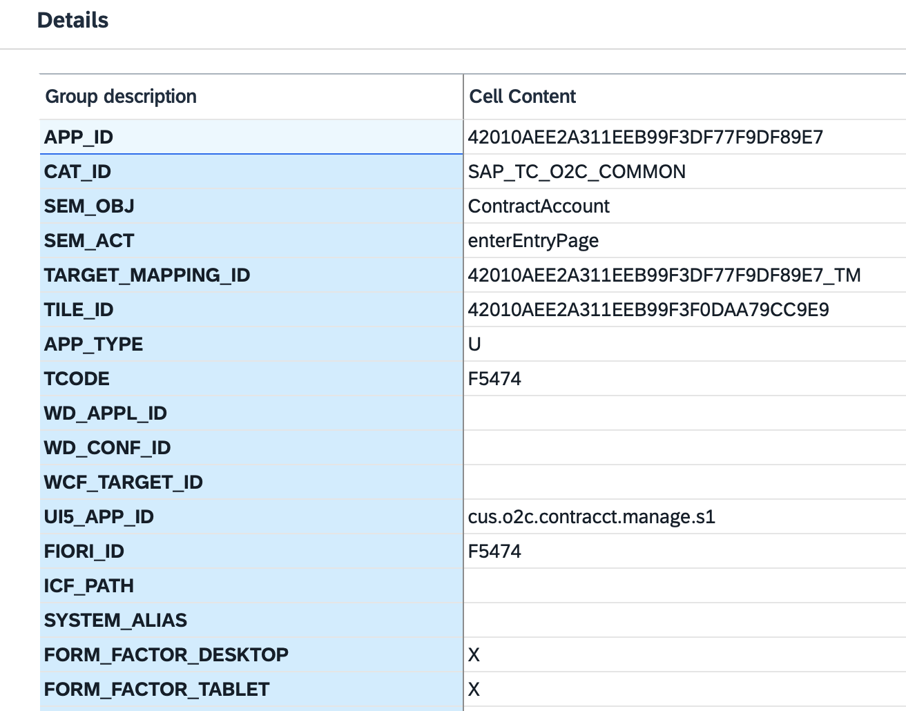 SUI_TM_MM_APP output showing the technical catalog in CAT_ID