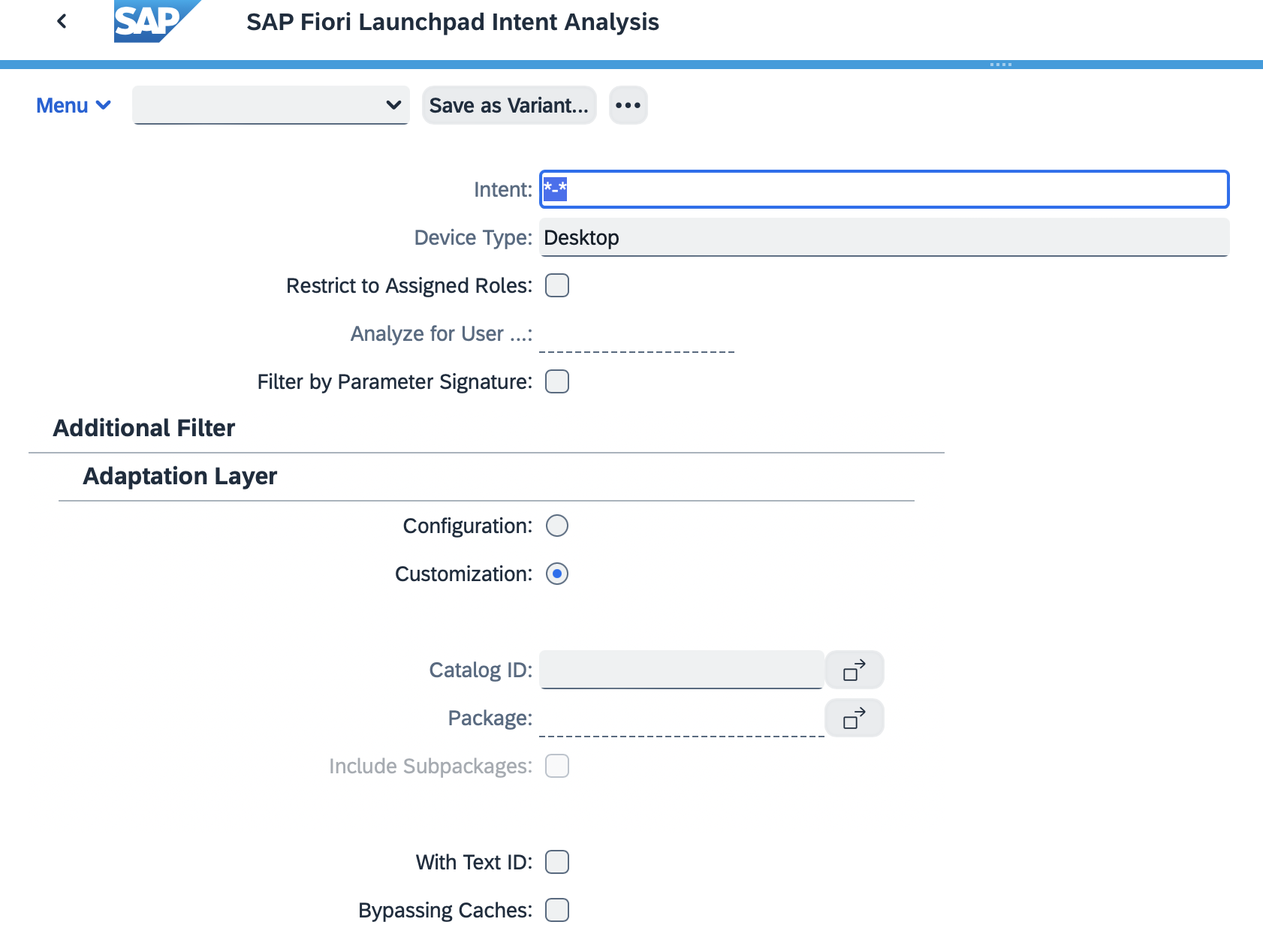 Fiori Launchpad Intent Analysis selection screen in /UI2/FLIA