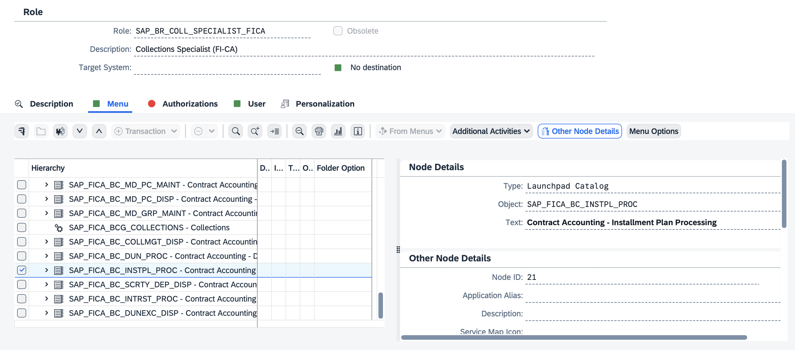 Business catalog for FPR1 under the business role in PFCG