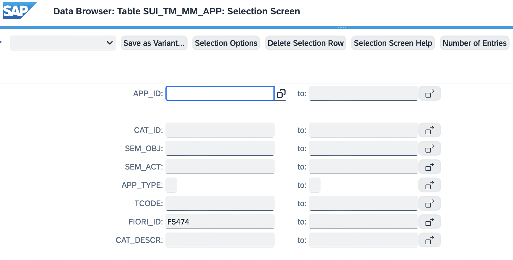 SE16 selection screen for table SUI_TM_MM_APP