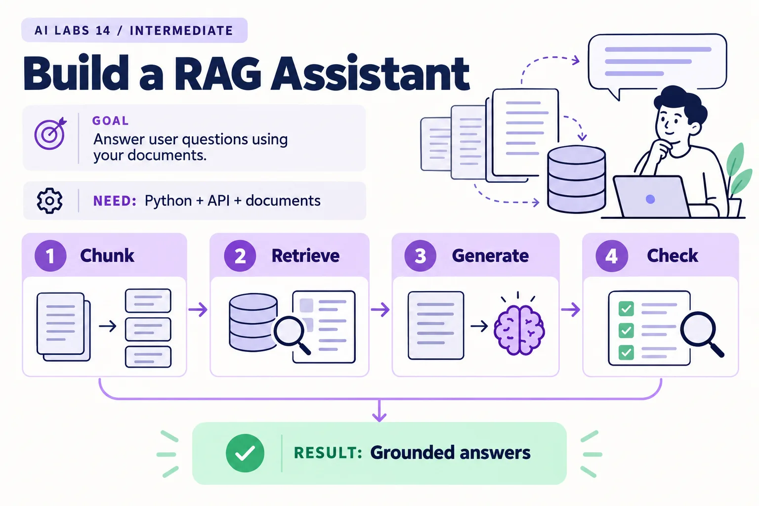 Lab 14: Grounded answers. Requires Python + API + documents. Steps: Chunk, Retrieve, Generate, Check.
